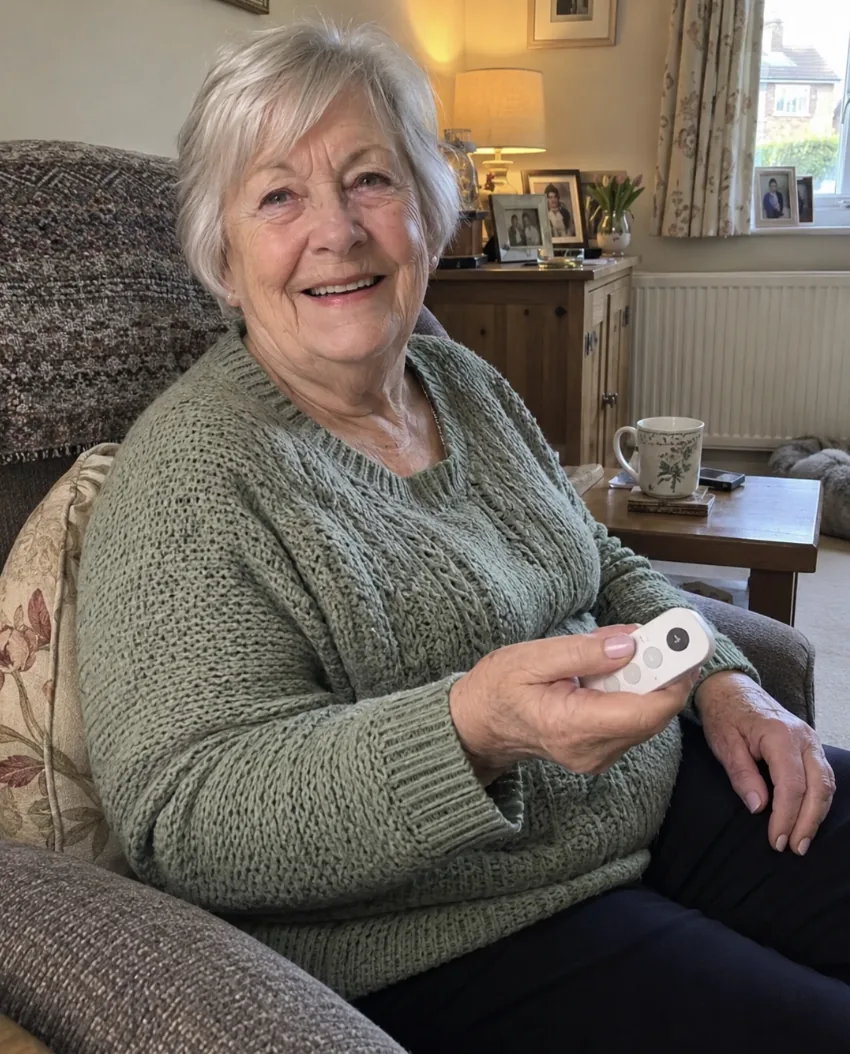 Customer holding a smart home remote in her living room