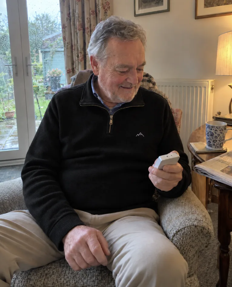 Customer in his lounge with the smart home device Aaron set up