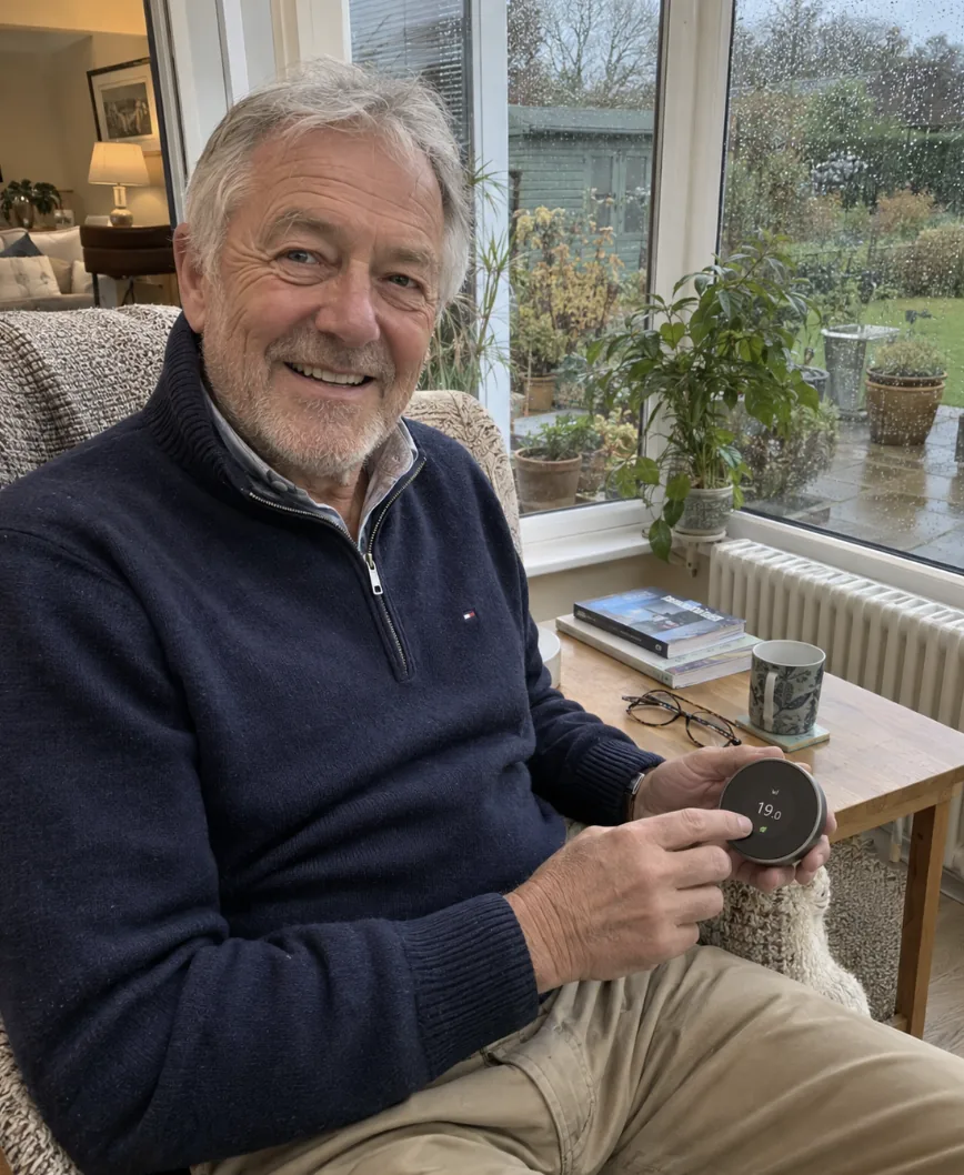 Customer in his armchair checking the house from a tablet