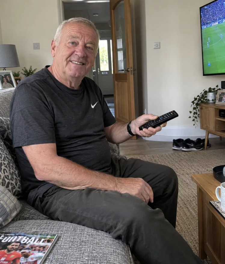 Customer with a remote in front of a wall mounted TV