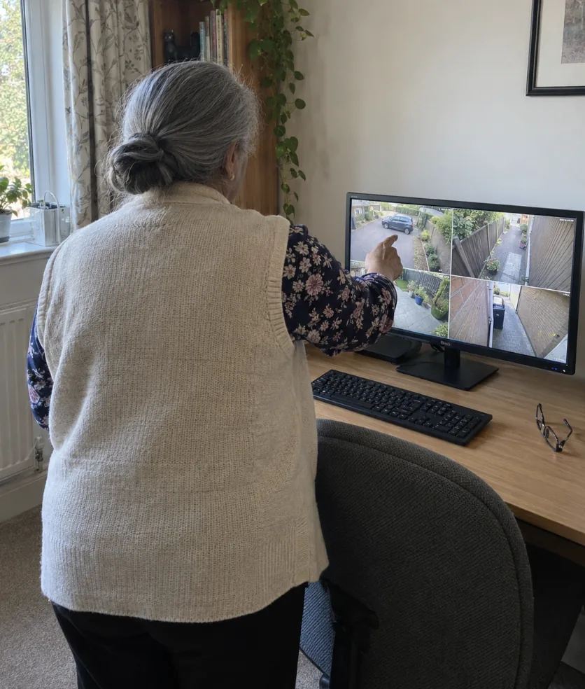 Customer checking her CCTV cameras on a monitor at her desk