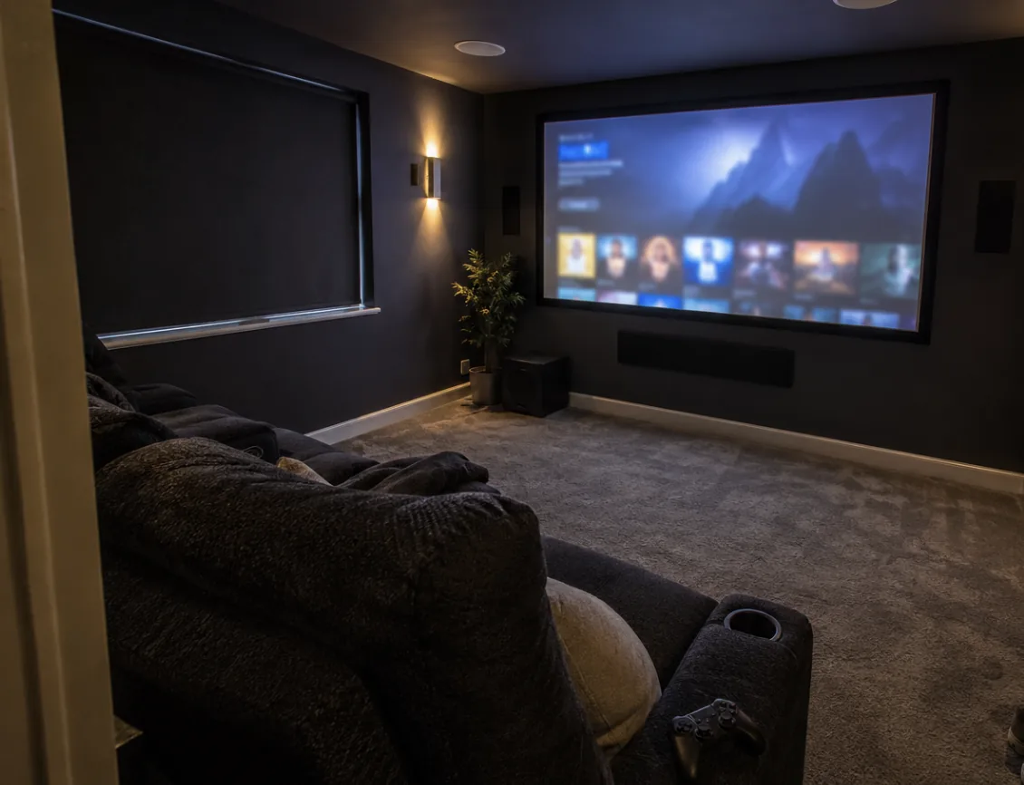 Home cinema installation in Kent with projector screen and surround sound