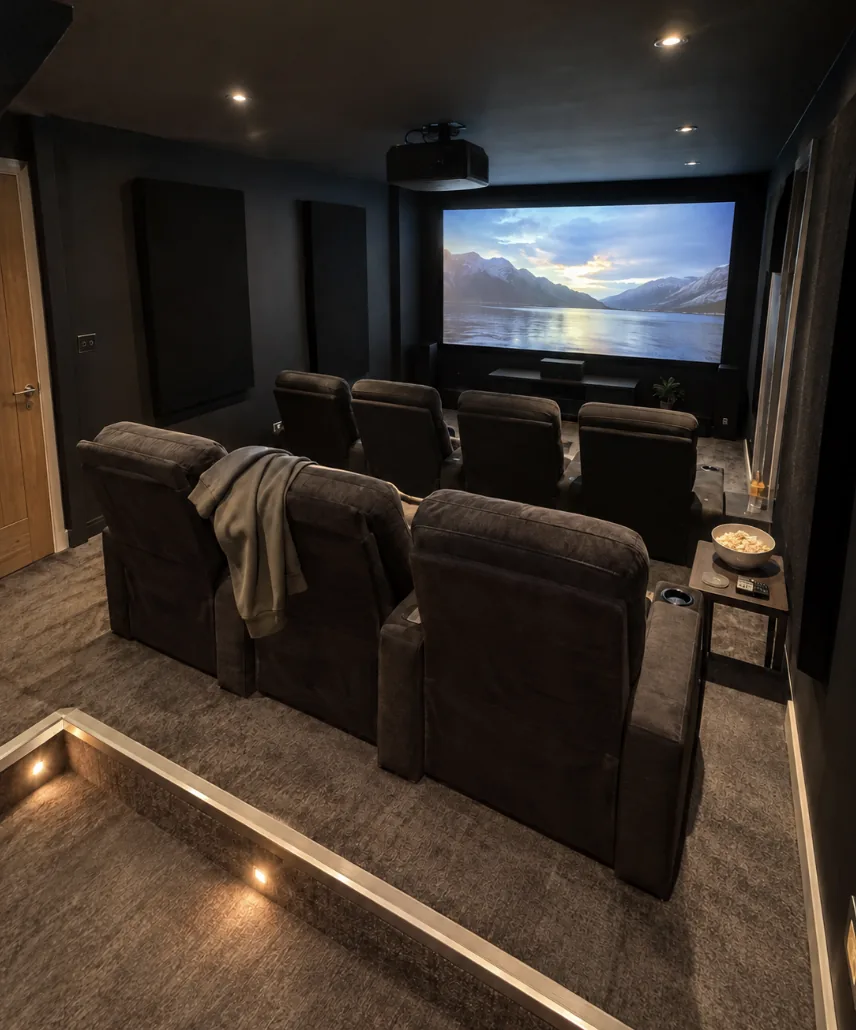 Home cinema with tiered seating and LED step lighting
