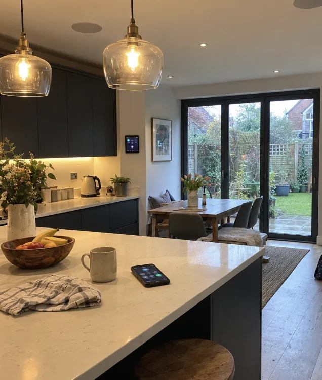 Kitchen with smart pendant lighting over the island