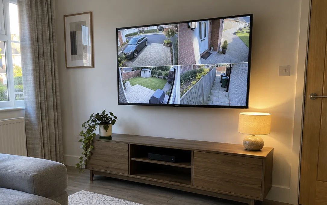 CCTV camera feeds on a living room TV