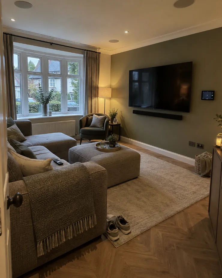 Living room in Kent with wall mounted TV and smart ambient lighting installed by AC Home Tech