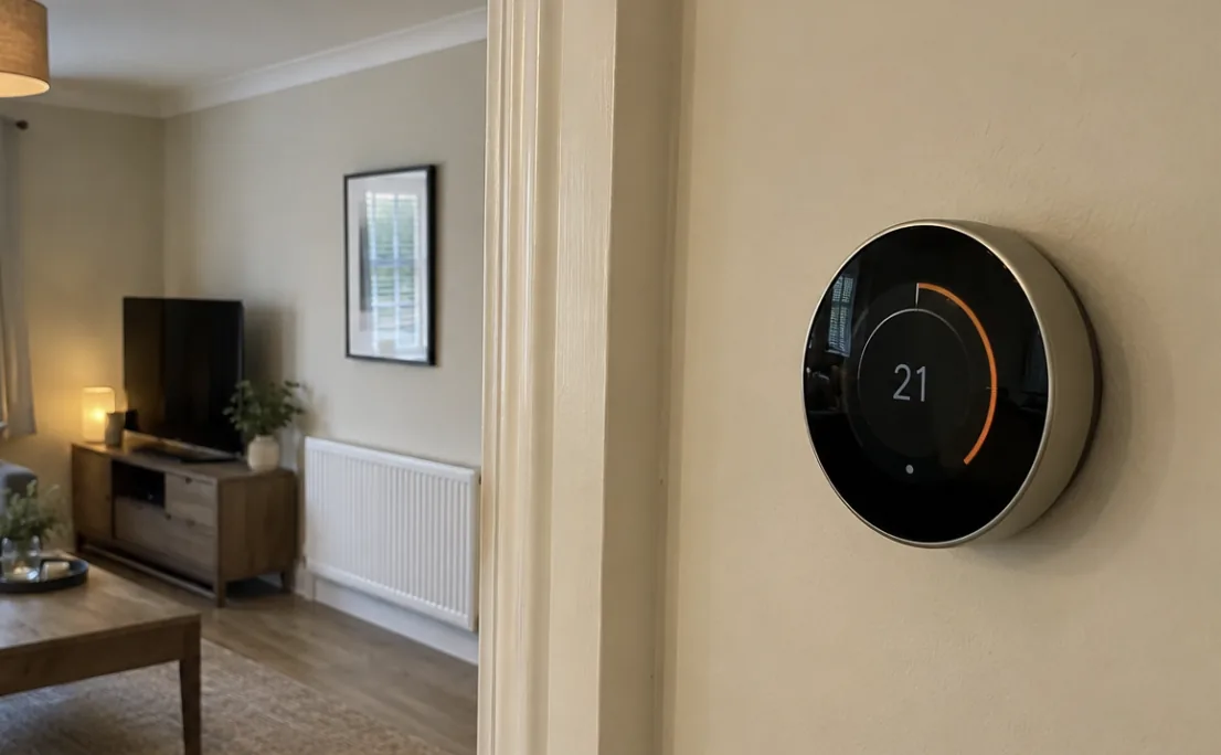 Nest smart thermostat installed on a hallway wall