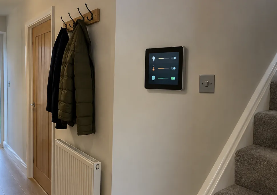 Smart home control panel mounted on a hallway wall in Kent